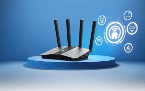 Router con antenas y diagrama de red con iconos de seguridad y conexión.