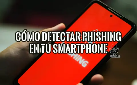 Mano sujetando un smartphone con pantalla roja que muestra "CÓMO DETECTAR PHISHING EN TU SMARTPHONE". Aprende cómo saber si tengo phishing en el móvil.