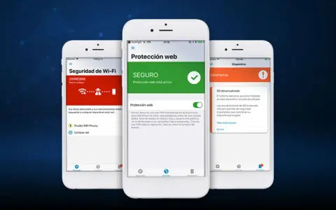 Tres móviles muestran interfaces de seguridad: Wi-Fi en peligro, protección web activa y advertencia de SO desactualizado. Ideal para pasar antivirus al móvil.