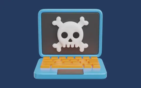 Un portátil azul con un teclado naranja muestra una calavera y tibias cruzadas, un símbolo de peligro. Esto ilustra qué es el scareware.