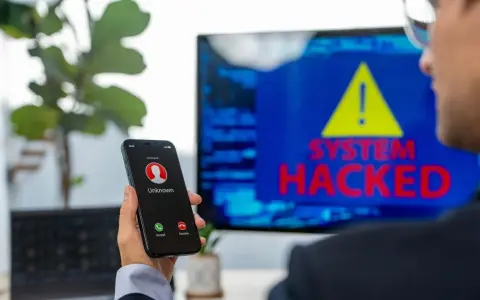 Un hombre recibe una llamada de un número desconocido mientras en la pantalla se lee "SYSTEM HACKED". ¡He sido hackeado!