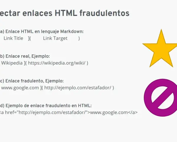 Ejemplos de enlaces HTML fraudulentos, incluyendo un ataque homográfico que engaña al usuario.