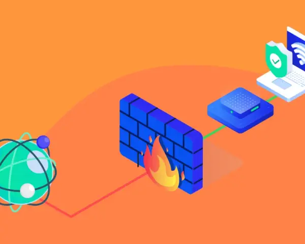 Un firewall protege tu red. Un globo atómico se conecta a través de un muro de ladrillos en llamas a un dispositivo y luego a un portátil con un escudo de seguridad.