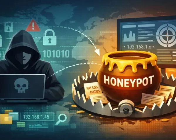 Un hacker acecha tras un portátil con calavera. Un **honeypot** atrae con falsos datos en una trampa.