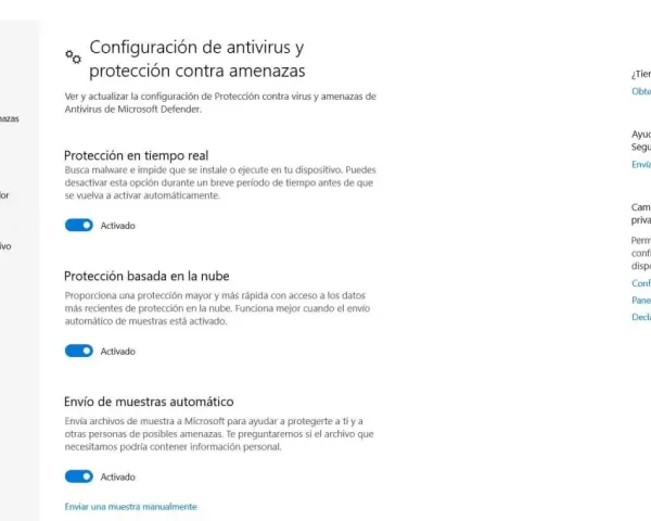 Configuración de antivirus y protección contra amenazas en Windows 11. Protección en tiempo real y basada en la nube activadas.