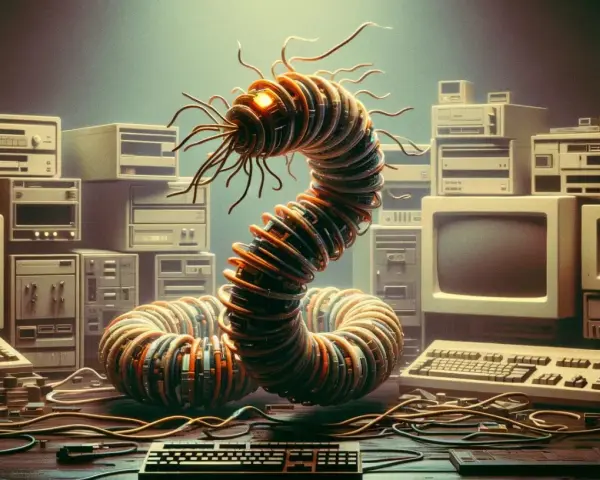 Un gusano morris, hecho de cables y circuitos, emerge de una pila de computadoras antiguas.
