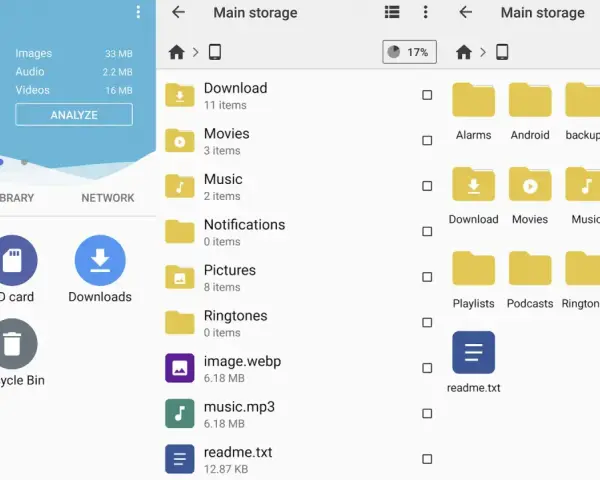 Explora carpetas como "Descargas", "Música" y "Fotos" en tu almacenamiento principal. Busca aplicaciones ocultas y gestiona tus archivos.