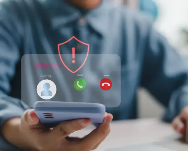 Alerta de llamada desconocida. El escudo rojo con signo de exclamación advierte sobre posibles estafas telefónicas.