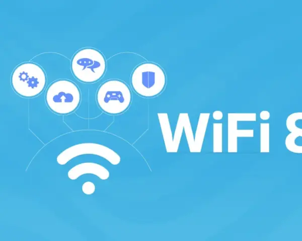 Iconos de configuración, nube, chat, mando y escudo conectados a un símbolo de wifi. Texto "WiFi 8".