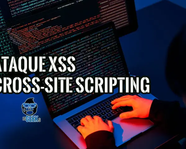 Ataque XSS: Cross-Site Scripting. Manos escribiendo código en un portátil, con texto superpuesto sobre la amenaza.