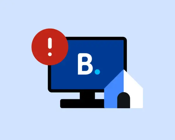 Alerta de posibles reservas falsas en Booking. Un monitor muestra la letra B y una casa estilizada, con un signo de exclamación rojo.