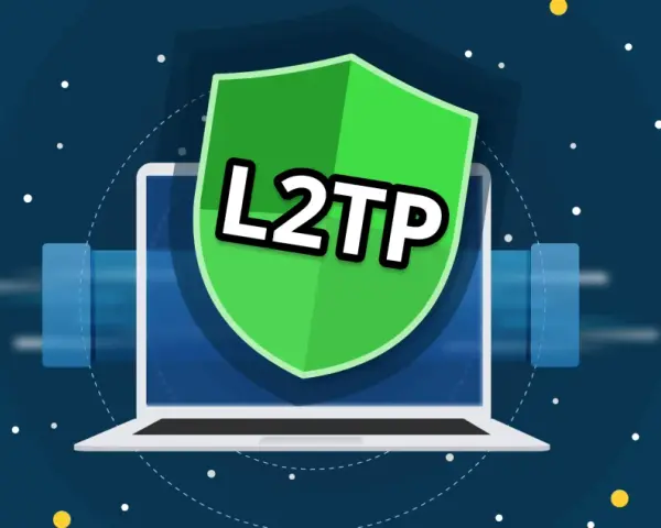 Un portátil con un escudo verde que dice "L2TP" sobre un fondo azul oscuro con engranajes y puntos.
