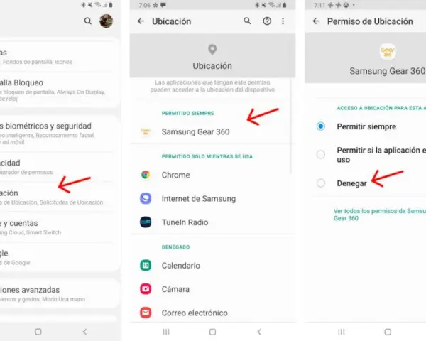 Configuración de ubicación en Android. Se muestra cómo denegar el permiso de ubicación a Samsung Gear 360.