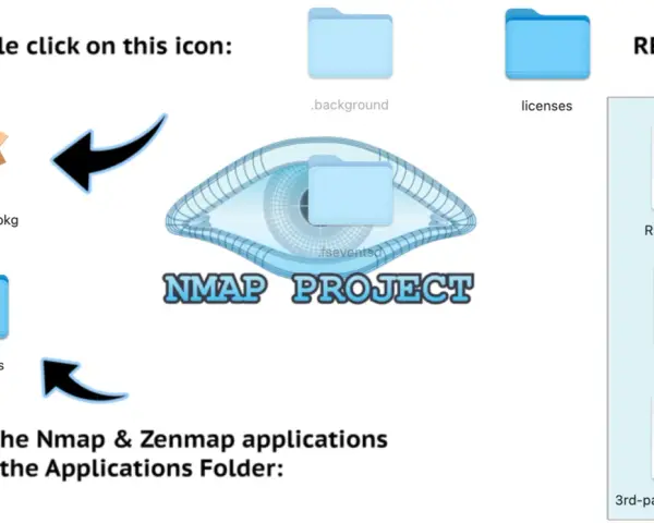 Instrucciones para instalar Nmap. Muestra el paquete de instalación, la carpeta de aplicaciones y el logo de Nmap Project. Se mencionan comandos nmap.