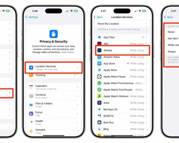 Configura tu iPhone para cambiar ubicación de Allstate. Accede a Privacidad y Seguridad, luego a Servicios de Ubicación y elige la opción deseada.