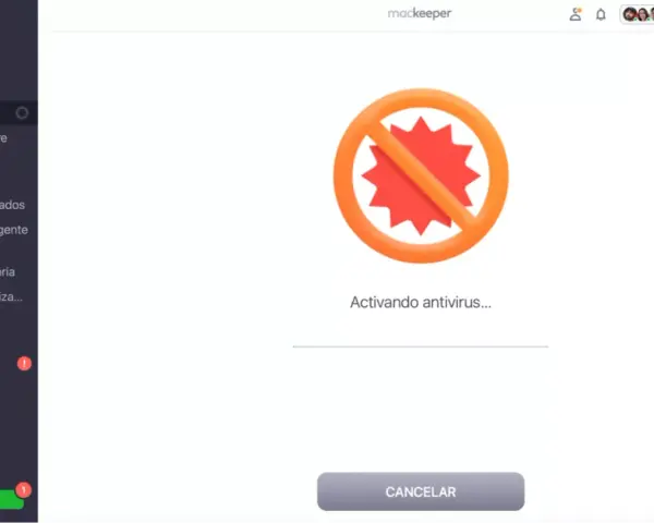 Icono de prohibido con un virus rojo en el centro, indicando que se está activando el antivirus en Mac.