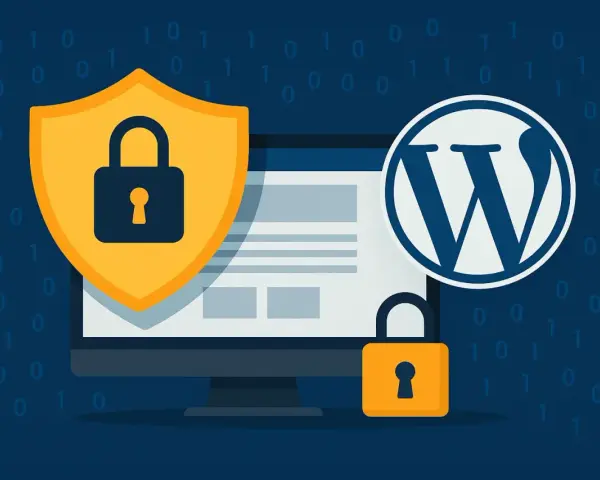 Escudo y candados protegen un monitor con el logo de WordPress. La **seguridad WordPress** es clave.