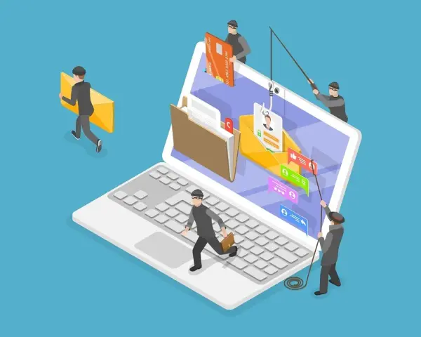Ladrones intentan robar datos de una laptop, mostrando cómo saber si un correo es falso y evitar el phishing.