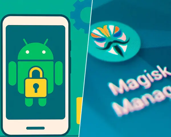 Icono de Android con candado y logo de Magisk, ilustrando el proceso de rootear Android para mayor control.