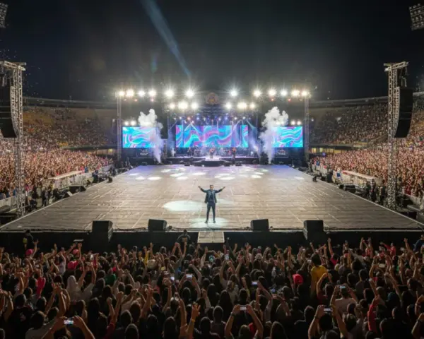 Artista en un estadio ante miles de fans. La multitud levanta sus teléfonos, como si quisieran saber **como ver ubicación en tiempo real** de sus amigos en el concierto.