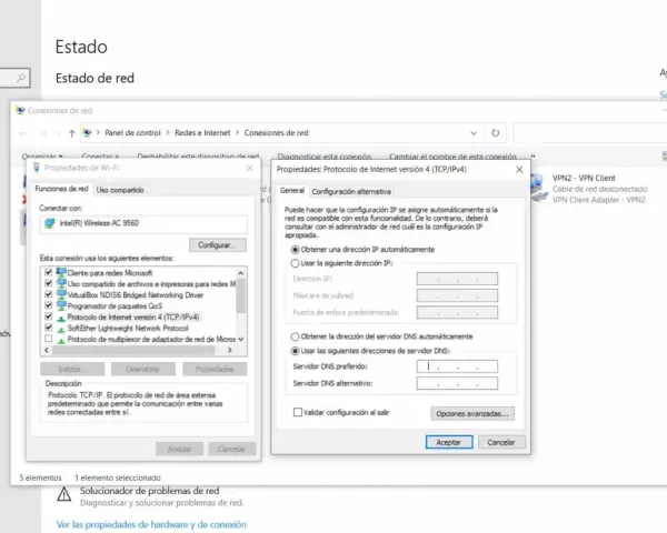 Ventana de configuración de red, mostrando opciones para borrar DNS y configurar la conexión.