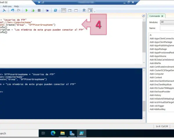 Script de PowerShell para crear un grupo de usuarios FTP. El número 4 señala la acción de ejecutar el script.