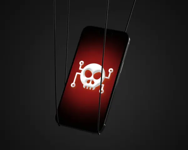 Un iPhone con un símbolo de calavera y tibias cruzadas en la pantalla, sugiriendo cómo saber si mi iPhone tiene un virus.