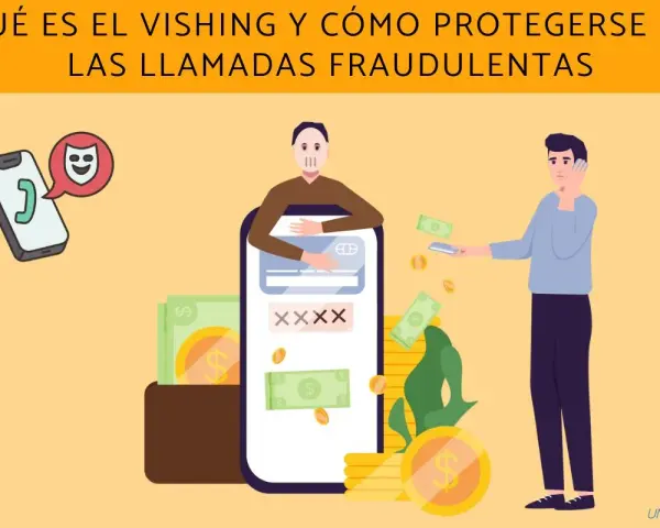Ilustración sobre qué es el vishing, con un teléfono y un personaje que parece estafar. Dinero y tarjetas de crédito.