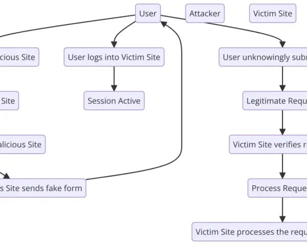 Diagrama de ataque CSRF: usuario visita sitio malicioso, inicia sesión, envía formulario falso. El sitio víctima procesa la solicitud como legítima.