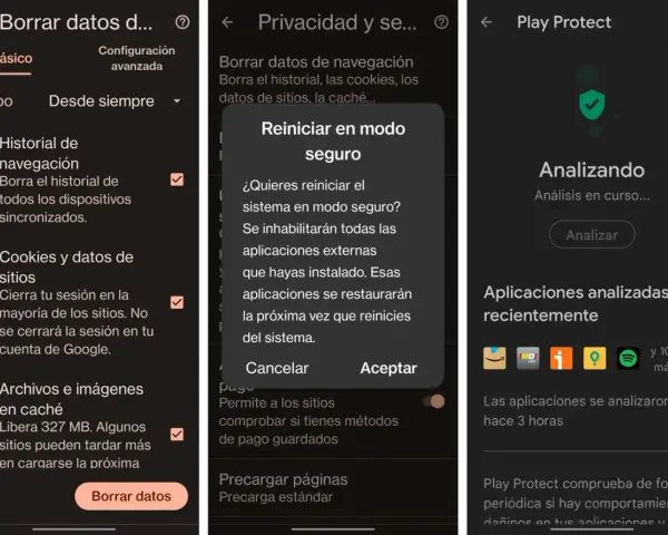 ¿Cómo saber si mi tablet tiene virus? Pantallas de configuración de privacidad y Play Protect, mostrando análisis y opciones de reinicio seguro.