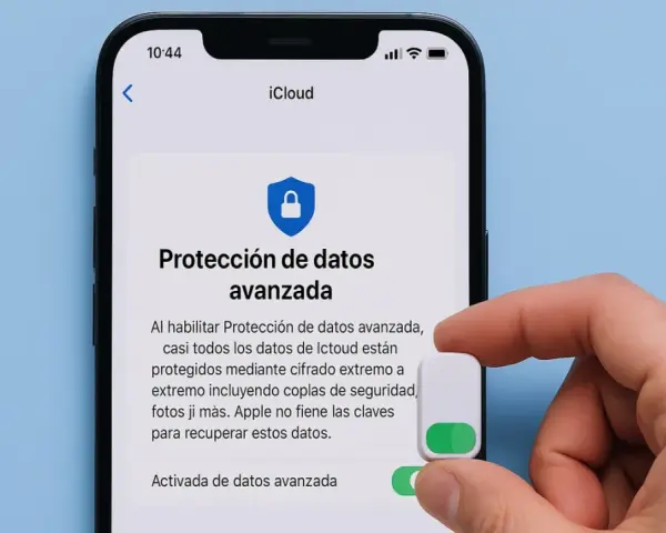 Dedo activando Protección de datos avanzada en un iPhone. La pantalla muestra la opción de "ubicacion iphone apagado" para mayor seguridad.
