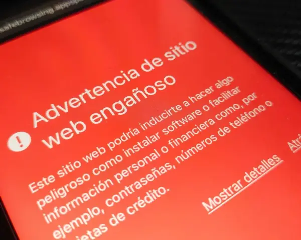 Alerta de advertencia en pantalla roja: "Advertencia de sitio web engañoso". Ayuda a comprobar web fraudulenta.