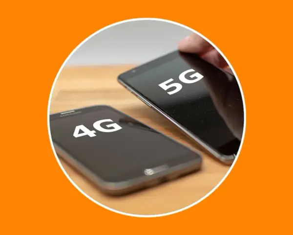 Dos teléfonos móviles, uno con "4G" y otro con "5G" en pantalla, comparando la evolución de la tecnología móvil.