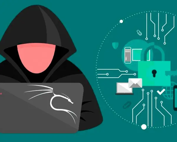 Figura de un hacker con capucha usando un portátil con el logo de Kali Linux. A su lado, un círculo con iconos de seguridad y un sniffer de red.