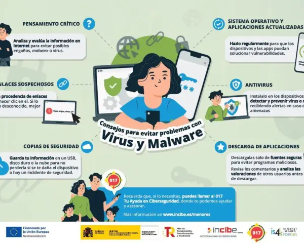 Consejos para evitar virus y malware: pensamiento crítico, enlaces seguros, copias de seguridad, sistema actualizado, antivirus y descargas fiables.