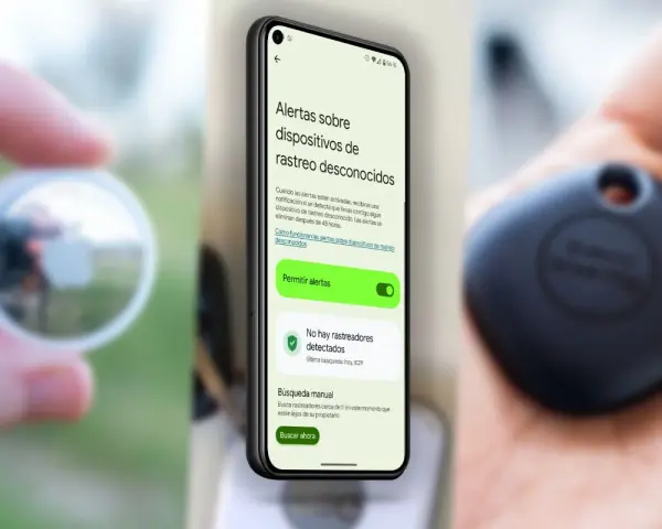 Teléfono muestra cómo activar "Encontrar mi dispositivo" para alertas de rastreo. Un localizador en mano.