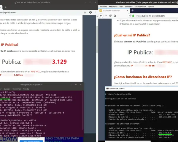Ventanas y terminales muestran la IP pública 3.129, resultado de una consulta en un ordenador.