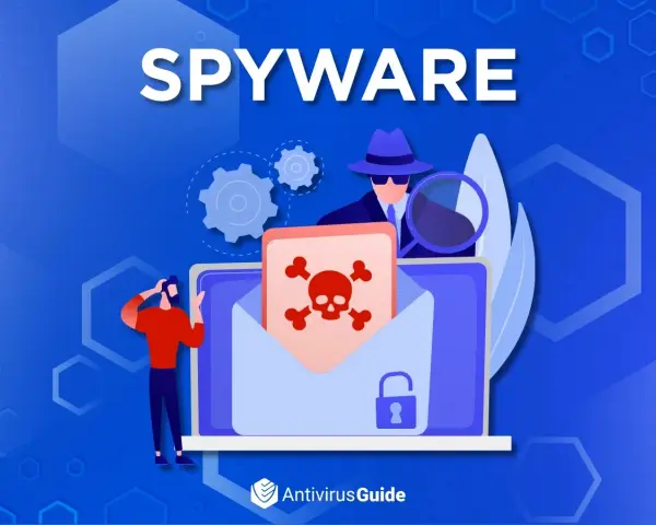 Ilustración sobre tipos de spyware: un detective con lupa investiga un sobre con calavera y candado, mientras una persona preocupada mira.