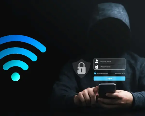 Persona con capucha intenta acceder a dispositivos conectados a mi wifi. Pantalla de inicio de sesión con candado y campos de usuario/contraseña.
