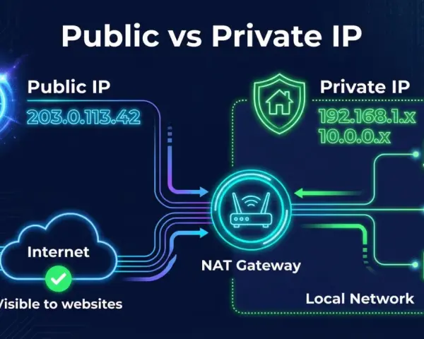 Ilustración comparando direcciones IP públicas y privadas, con un router y un globo para la pública, y una casa y dispositivos para la privada.