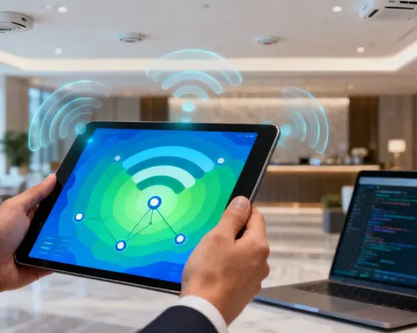 Persona usa una tablet para monitorizar red wifi, con gráficos de señal y puntos de conexión. Un portátil con código está cerca.