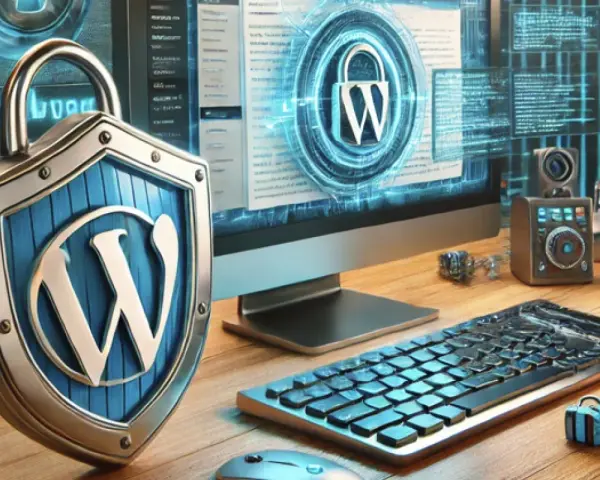 Escudo de seguridad de WordPress con un candado y un monitor que muestra código. La imagen evoca una amenaza digital.