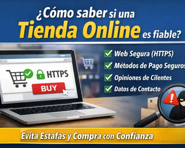Laptop muestra cómo identificar una web fiable: HTTPS, pagos seguros, opiniones y datos de contacto. ¡Compra con confianza!