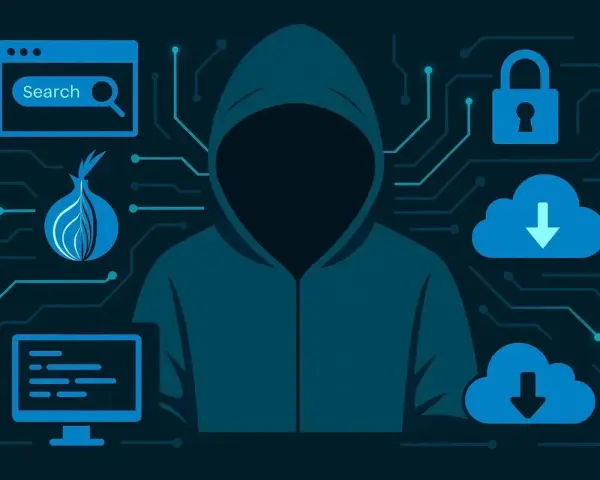 Figura de un hacker con un **security onion** en el centro, rodeado de iconos de búsqueda, candado, nubes y un monitor.