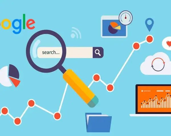 Gráficos, lupa y el logo de Google. Representa la inteligencia x en la búsqueda de datos y análisis.