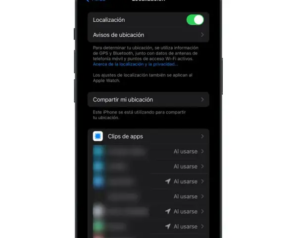 Ajustes de localización del iPhone, con la opción "Compartir mi ubicación" activa. El servicio de localización permite compartir tu posición.