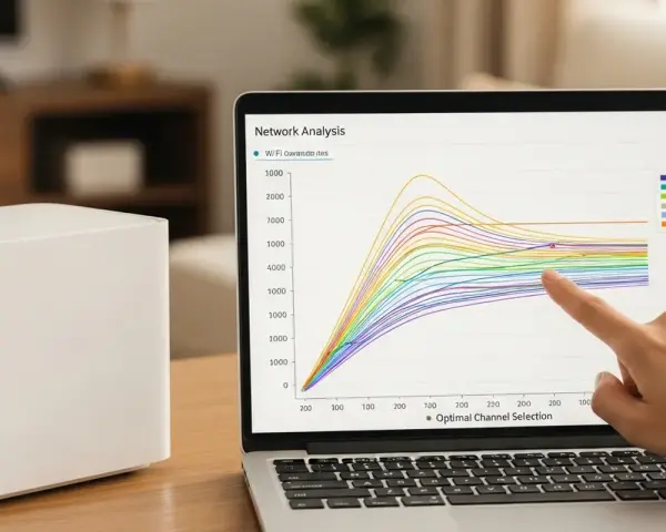 Un dedo señala un gráfico de análisis de red en una laptop, mostrando el rendimiento de varios canales Wi-Fi. Un router Wi-Fi blanco está al lado.