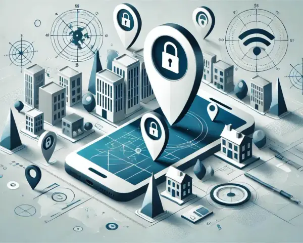 Representación de geolocalización en un teléfono, con edificios, marcadores de ubicación y diagramas de redes.