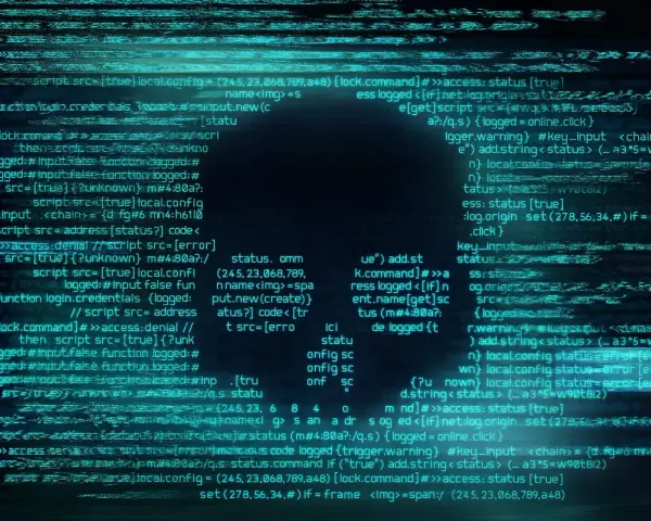 Código fuente con líneas de texto azul brillante, simulando un sistema de seguridad o un programa anti ransomware gratis.