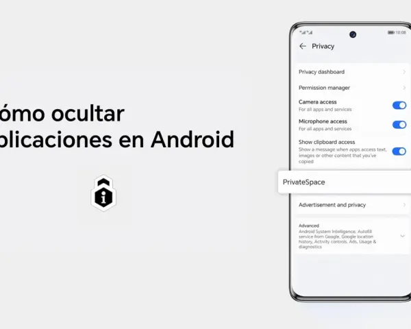 Guía visual sobre cómo ocultar aplicaciones en Android, mostrando la configuración de privacidad y la opción "PrivateSpace".